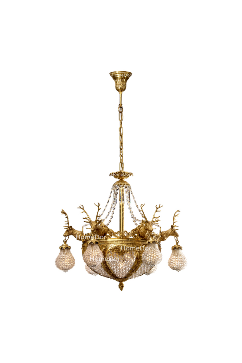 HomeDor × FH&Home | Baroque Revival Brass Deer Head Crystal Lantern Chandelier