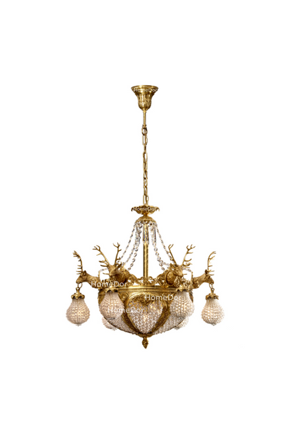HomeDor × FH&Home | Baroque Revival Brass Deer Head Crystal Lantern Chandelier