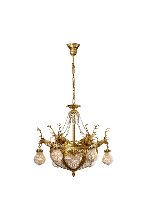 HomeDor × FH&Home | Baroque Revival Brass Deer Head Crystal Lantern Chandelier