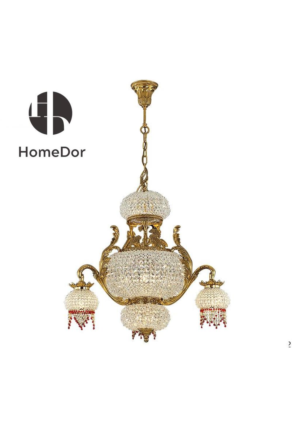 HomeDor-HomeDor × FH Home | Mid-Century Asian Fusion Chandelier with Red Beaded Trims-Chandeliers-L85 × W85 × H90 cm-Warm Light-