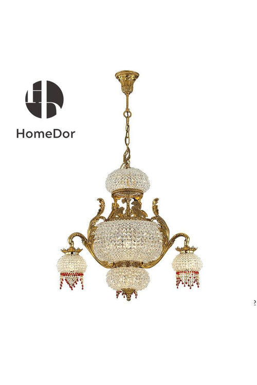 HomeDor-HomeDor × FH Home | Mid-Century Asian Fusion Chandelier with Red Beaded Trims-Chandeliers-L85 × W85 × H90 cm-Warm Light-
