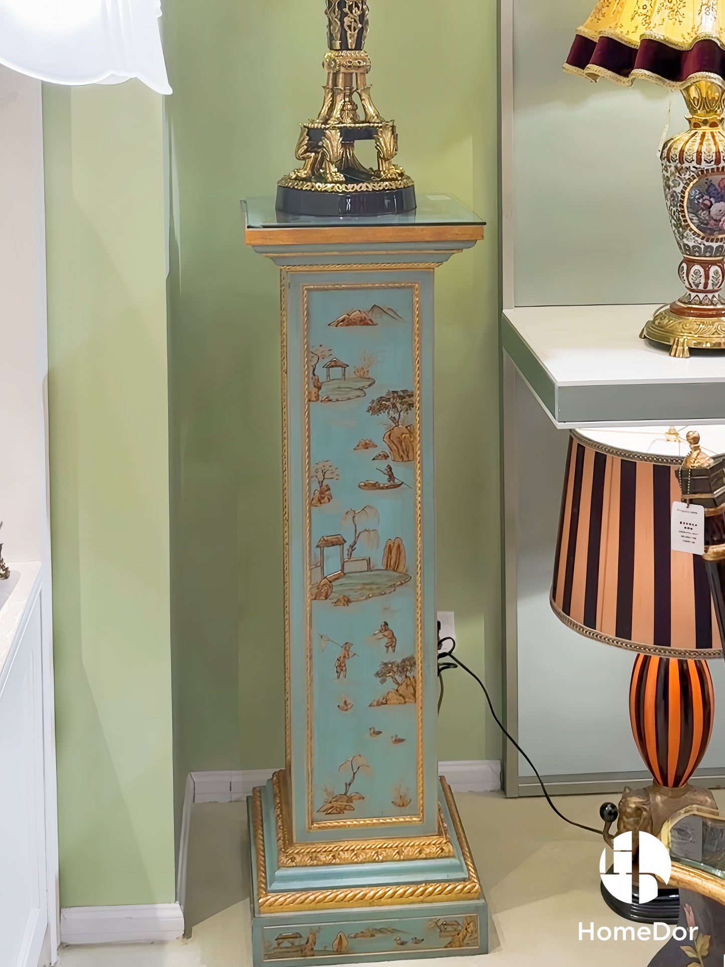 HomeDor × FH&Home | Marlene Series Ornate Gold Painted Turquoise Pedestal