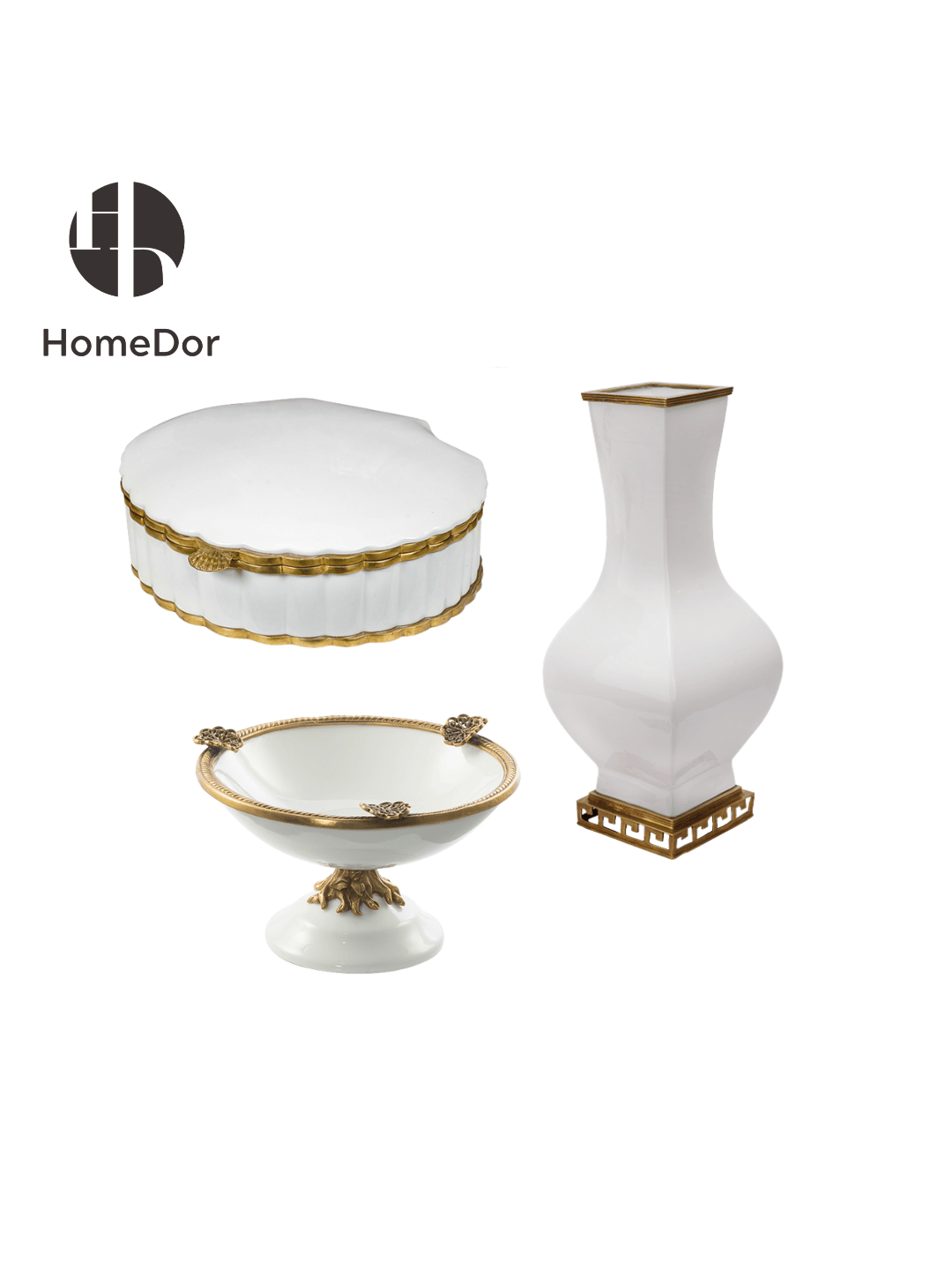 Minimal Luxe Pearl White Porcelain Decor Set with Brass Trimmed Accents