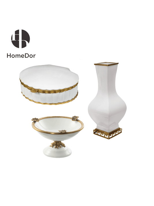 Minimal Luxe Pearl White Porcelain Decor Set with Brass Trimmed Accents
