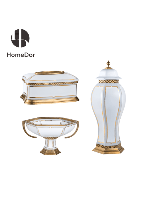 HomeDor Minimalist White Porcelain Decor Set with Brass Geometric Accents-Fruit Bowl/Compote: L34cm X W28cm X H20cm-
