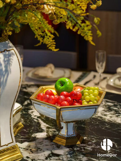 HomeDor Minimalist White Porcelain Decor Set with Brass Geometric Accents-Fruit Bowl/Compote: L34cm X W28cm X H20cm-