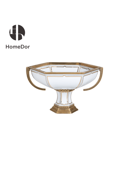 HomeDor Minimalist White Porcelain Decor Set with Brass Geometric Accents-Fruit Bowl/Compote: L34cm X W28cm X H20cm-
