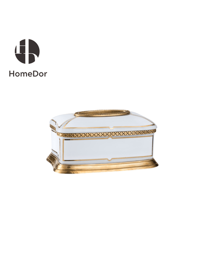 HomeDor Minimalist White Porcelain Decor Set with Brass Geometric Accents-Tissue Box: L25cm X W16cm X H13cm-