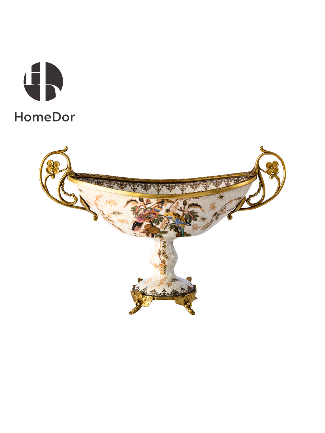 White porcelain footed compote with parrot design and gold bronze scroll handles