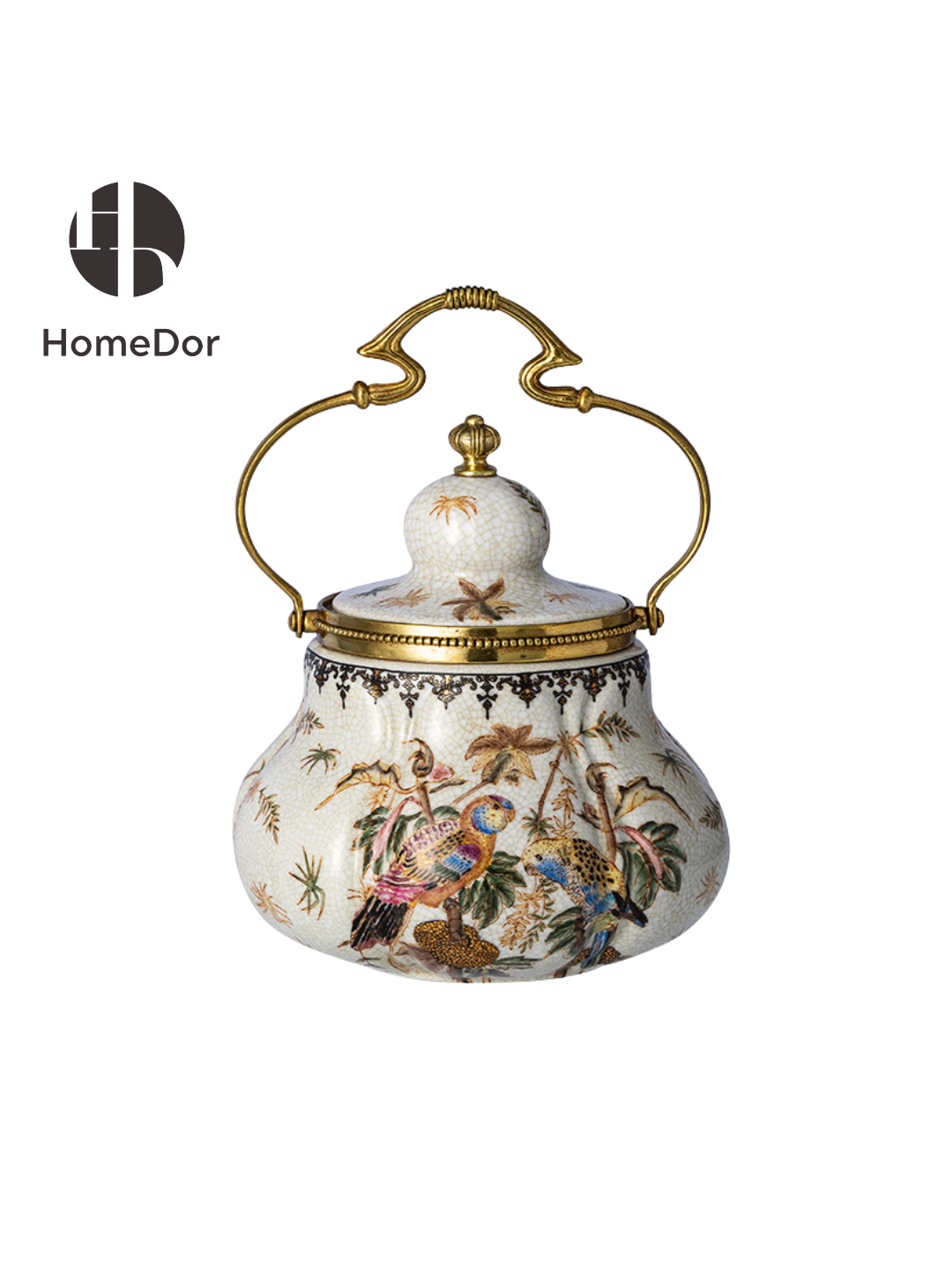 White porcelain lidded jar with parrot pattern and gold bronze handle