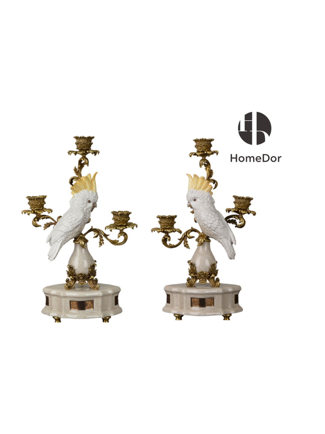 Nature Inspired Ceramic Brass Parrot Candelabras