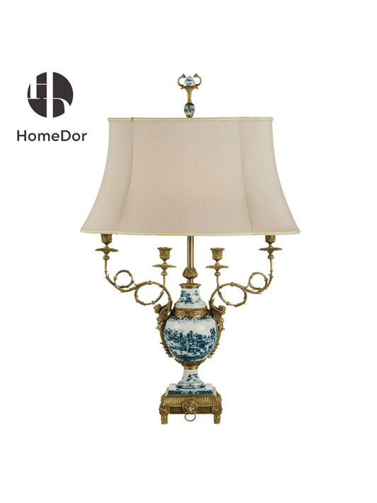 Neo - Classical Blue and White Porcelain Table Lamp with Brass Candelabra Design