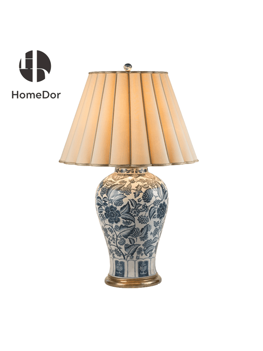 Neo Classical Blue and White Porcelain Table Lamp with Floral Motifs & Pleated Shade