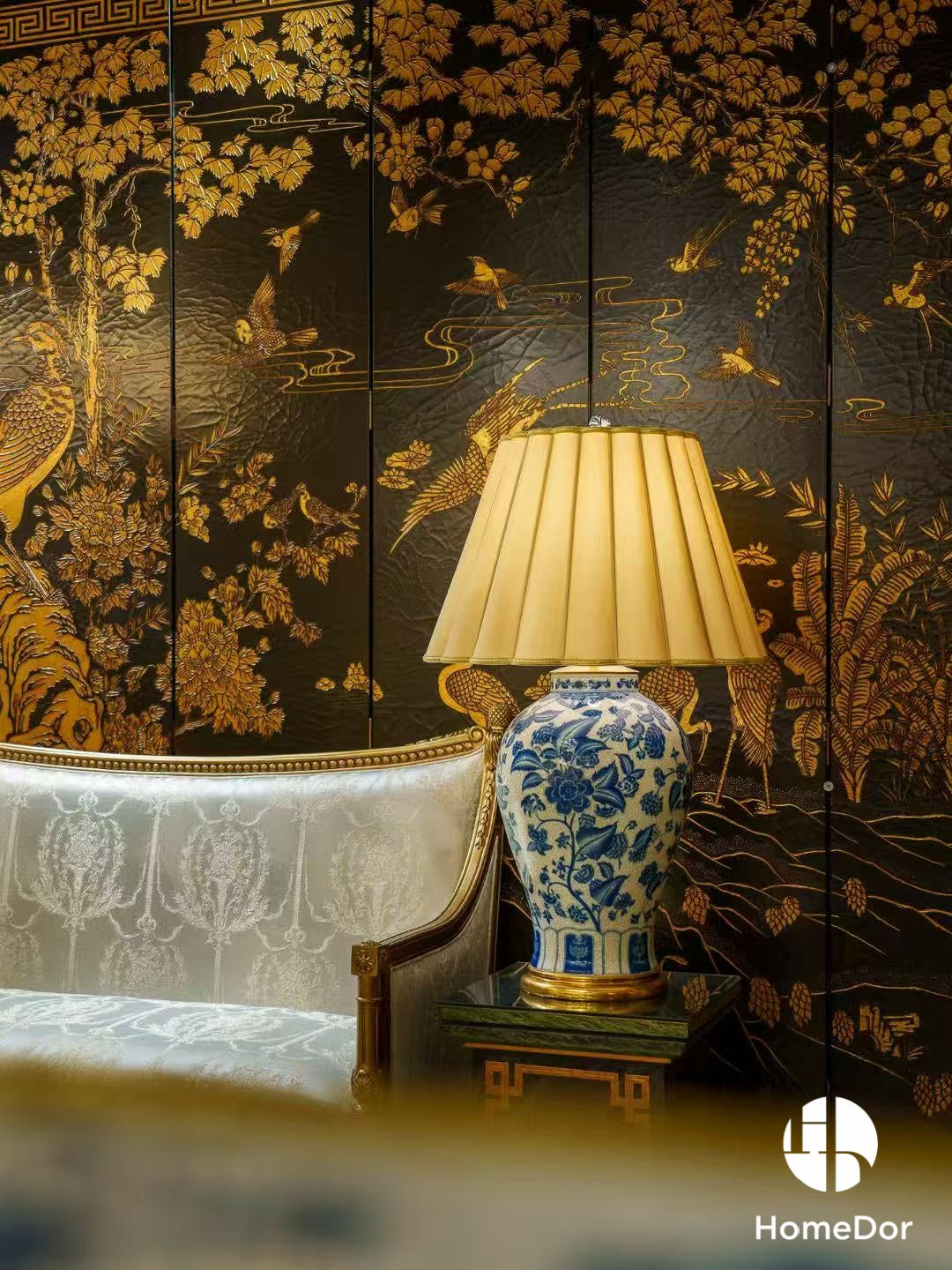 Neo Classical Blue and White Porcelain Table Lamp with Floral Motifs & Pleated Shade1