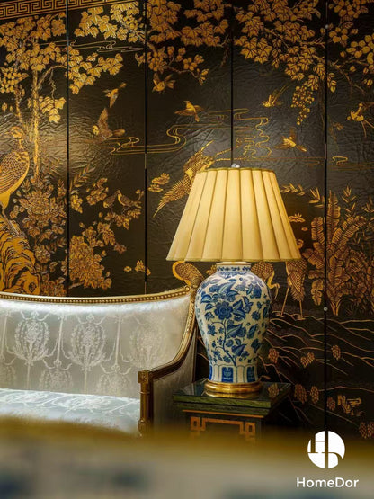 Neo Classical Blue and White Porcelain Table Lamp with Floral Motifs & Pleated Shade1