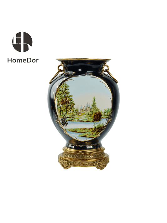 Neo Classical Navy Blue Porcelain Vase with Hand Painted Landscape & Gilt Brass Accents