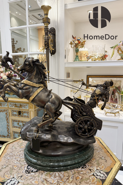 Two horses rear mid-stride, reins pulled taut as a helmeted charioteer leans into the motion behind them.