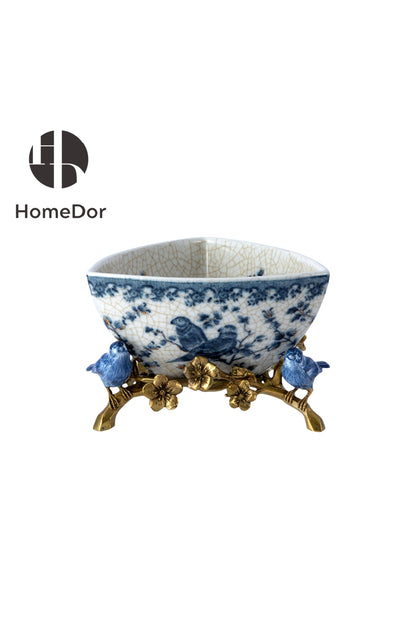Opulent Classical Nature-inspired Blue-and-White Table Decor Set  Bowl with Birds Accent