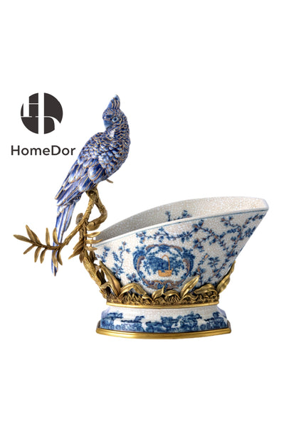 Opulent Classical Nature-inspired Blue-and-White Table Decor Set  with Parrot  Element