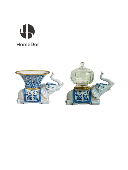 Oriental Blue And White Elephant Ceramic & Crystal With Brass Trimmed Decor Set
