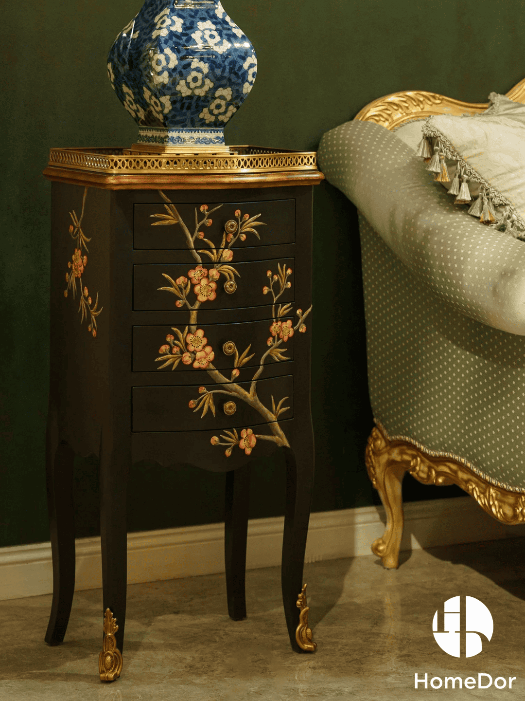 Oriental Classical Style High Legged Black Lacquer Chest of Drawers with Floral Motifs
4