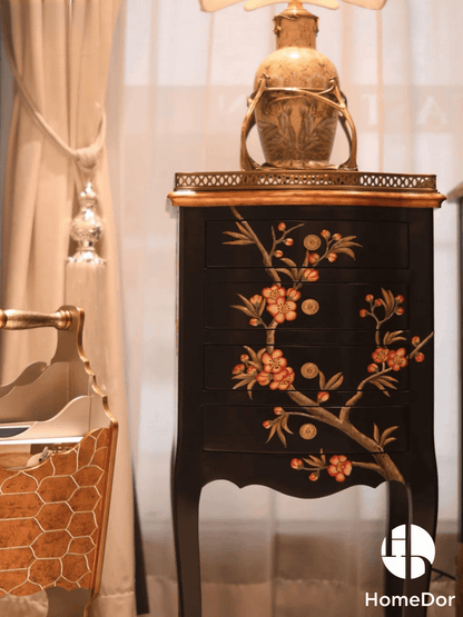 Oriental Classical Style High Legged Black Lacquer Chest of Drawers with Floral Motifs
5
