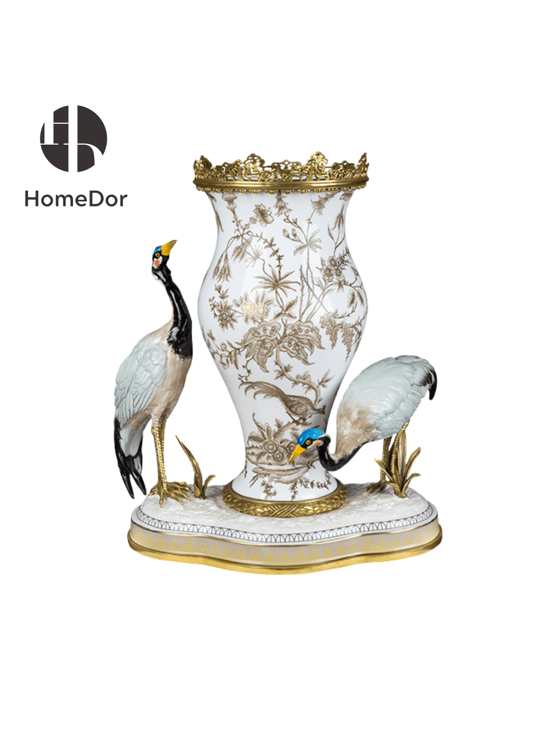Oriental Inspired Porcelain Vase with Two Vivid Cranes & Brass Accents