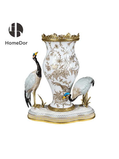 Oriental Inspired Porcelain Vase with Two Vivid Cranes & Brass Accents