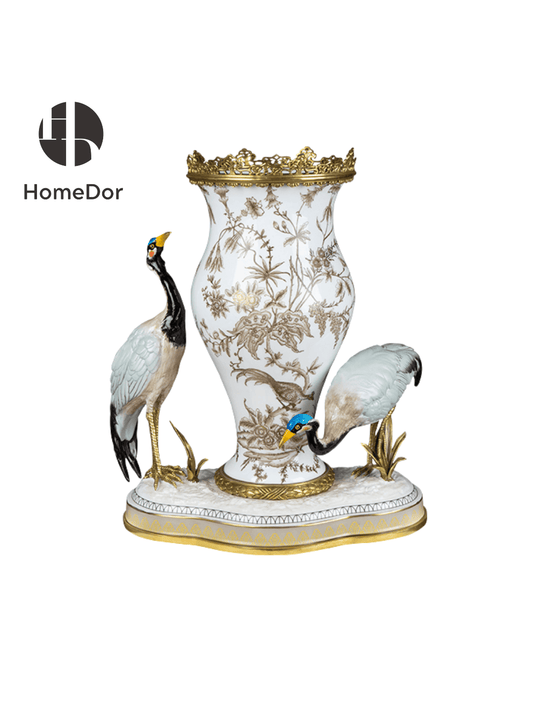 Oriental Inspired Porcelain Vase with Two Vivid Cranes & Brass Accents