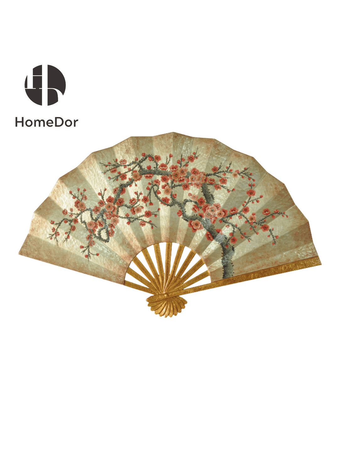 Oriental Inspired Wooden Fan Shaped Wall Decor with Plum Blossom Details