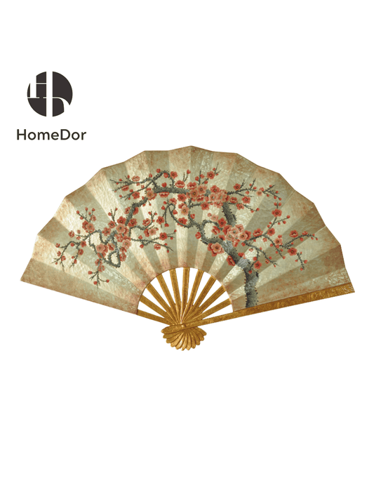 Oriental Inspired Wooden Fan Shaped Wall Decor with Plum Blossom Details