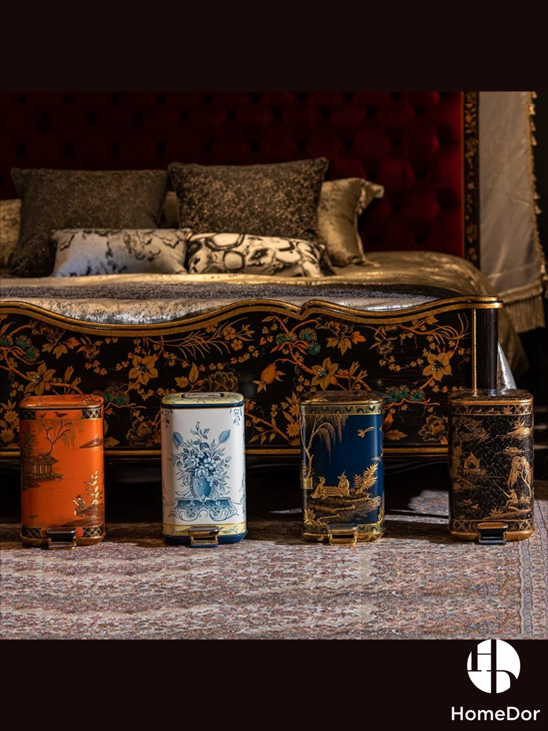 Oriental Orange Scenic Chinoiserie Trash Bin3