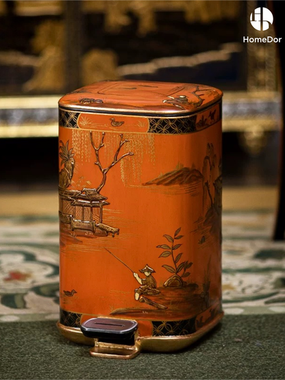 Oriental Orange Scenic Chinoiserie Trash Bin4