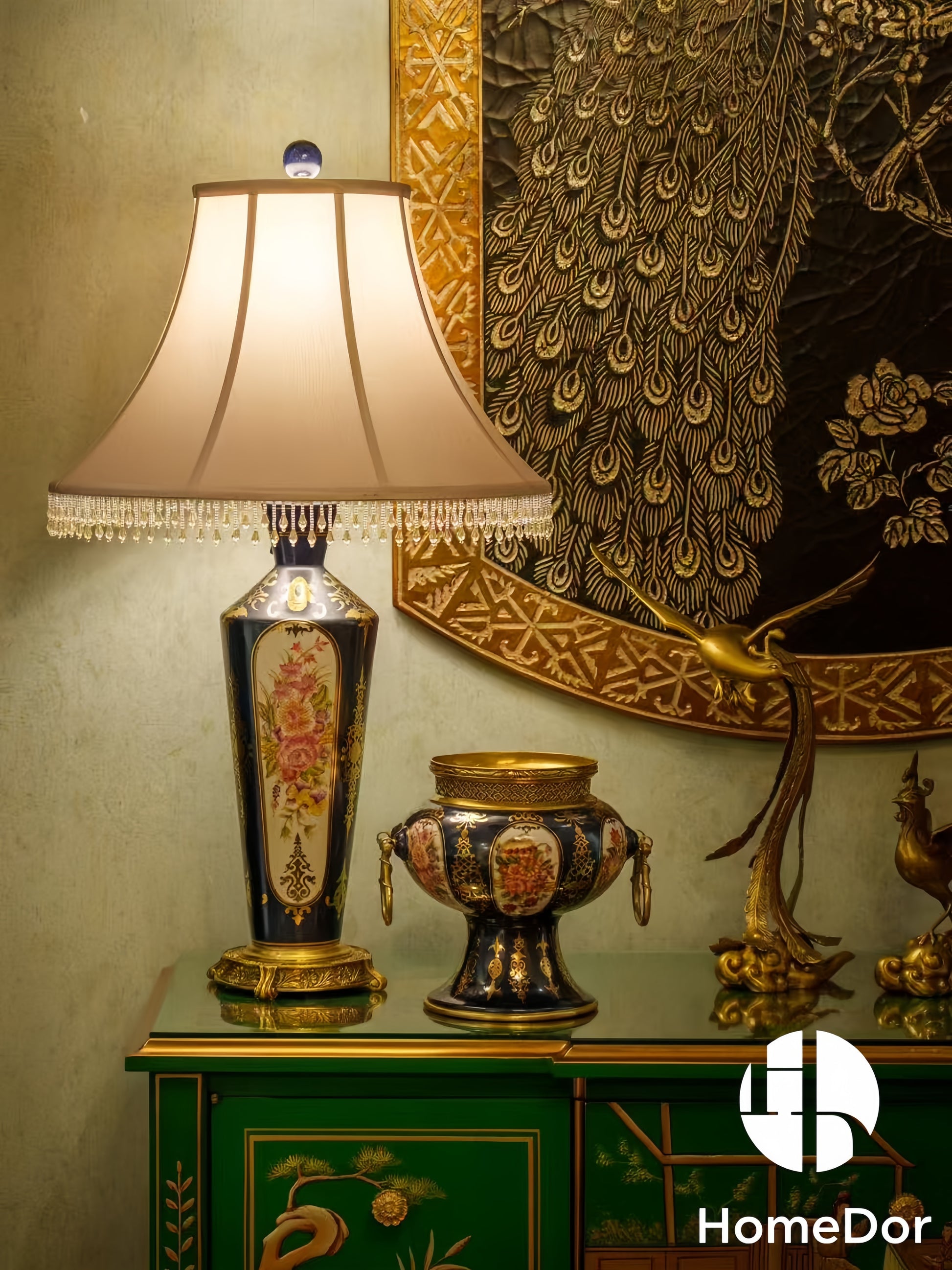 Ornate Floral Porcelain Brass Trimmed Table Lamp3