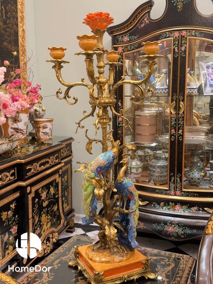 Artistic Ceramics Peacock Brass Candle Holder featuring brass carving and European palace style details. Perfect for luxury home decor, classical living rooms, and villa interiors.