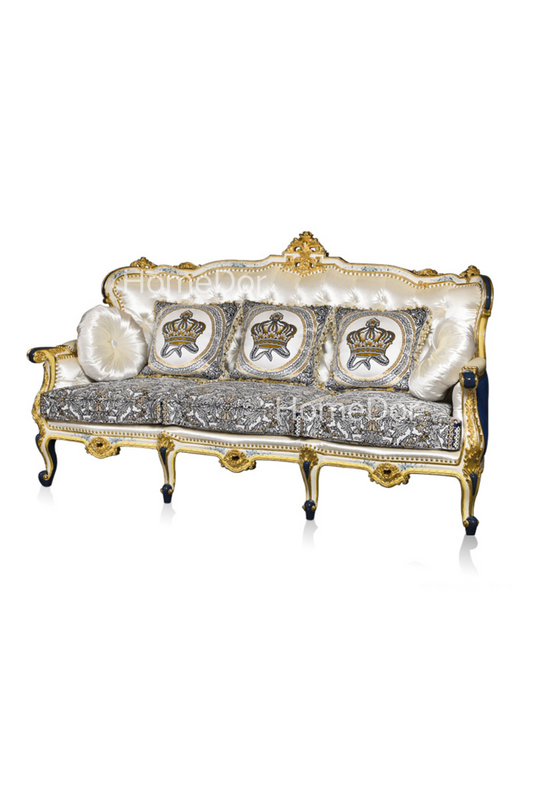 HomeDor × FH&Home | Royal Blue and Gold Carved Mahogany Sofa with Crown Embroidered Cushions
