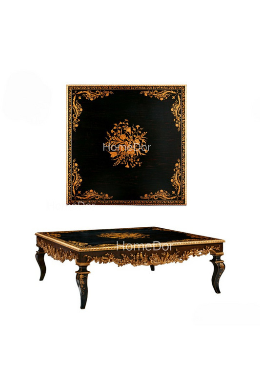 HomeDor × FH&Home | Vintage-Inspired Antonio Series Carved Coffee Table/End Table with Golden Blooms