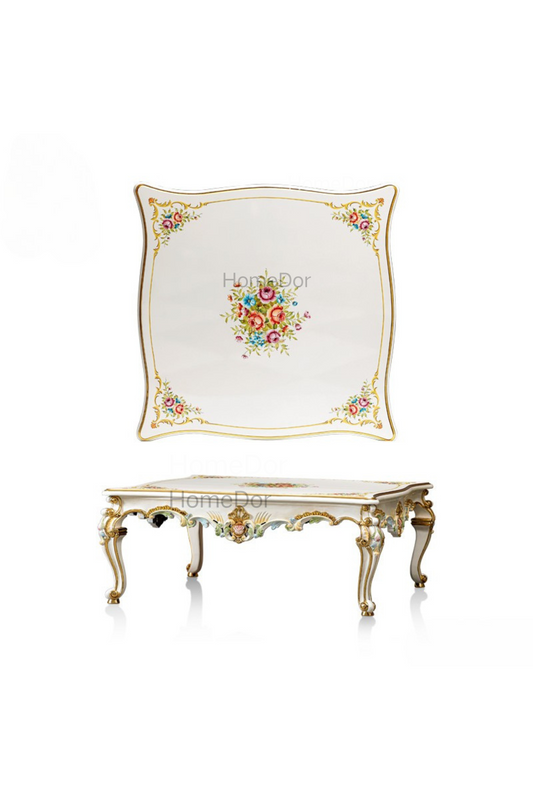 HomeDor × FH&Home | Classic Rococo Elegance Ivory Floral Hand-Painted Carved Coffee Table/End Table