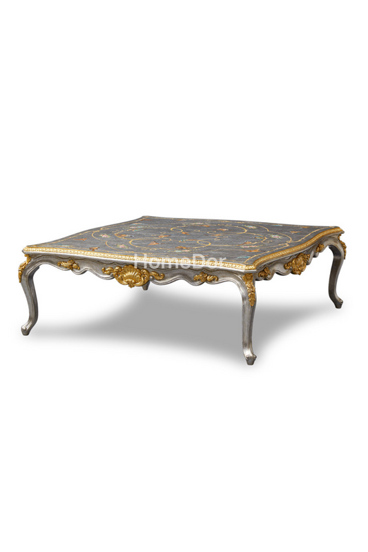 HomeDor × FH&Home | Nature-Inspired Vintage Coffee Table/End Table with Gold Silver Foil and Floral Bird Artwork