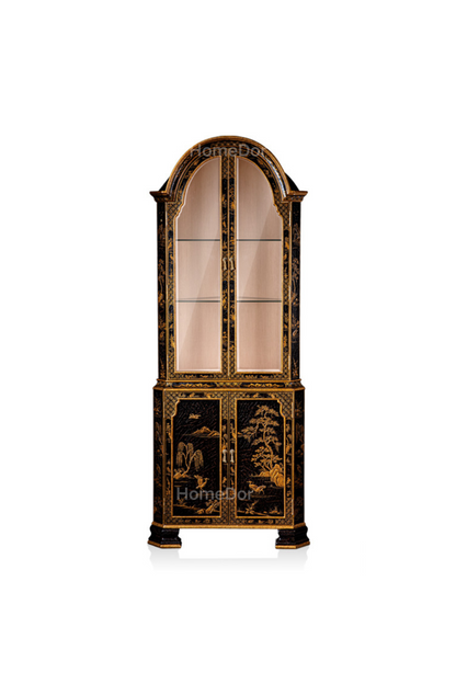 HomeDor × FH&Home | French-Asian Style Arched Glass Display Cabinet with Gold Nature-Inspired Pattern and Crackle Finish