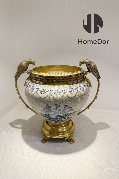 HomeDor × FH&Home | Exquisite Blue-and-White Porcelain Vase with Brass Bird Handles