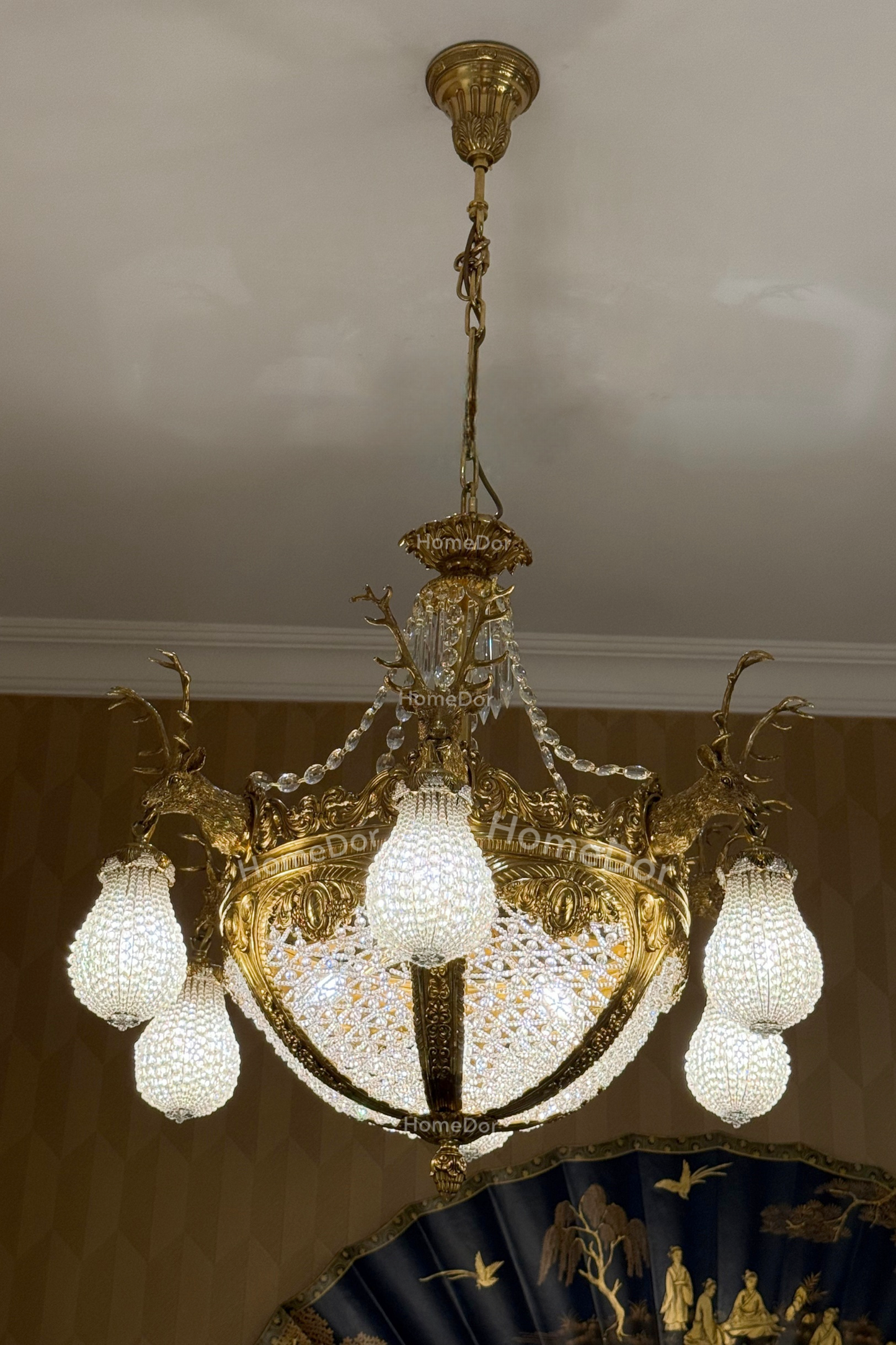 HomeDor × FH&Home | Baroque Revival Brass Deer Head Crystal Lantern Chandelier
