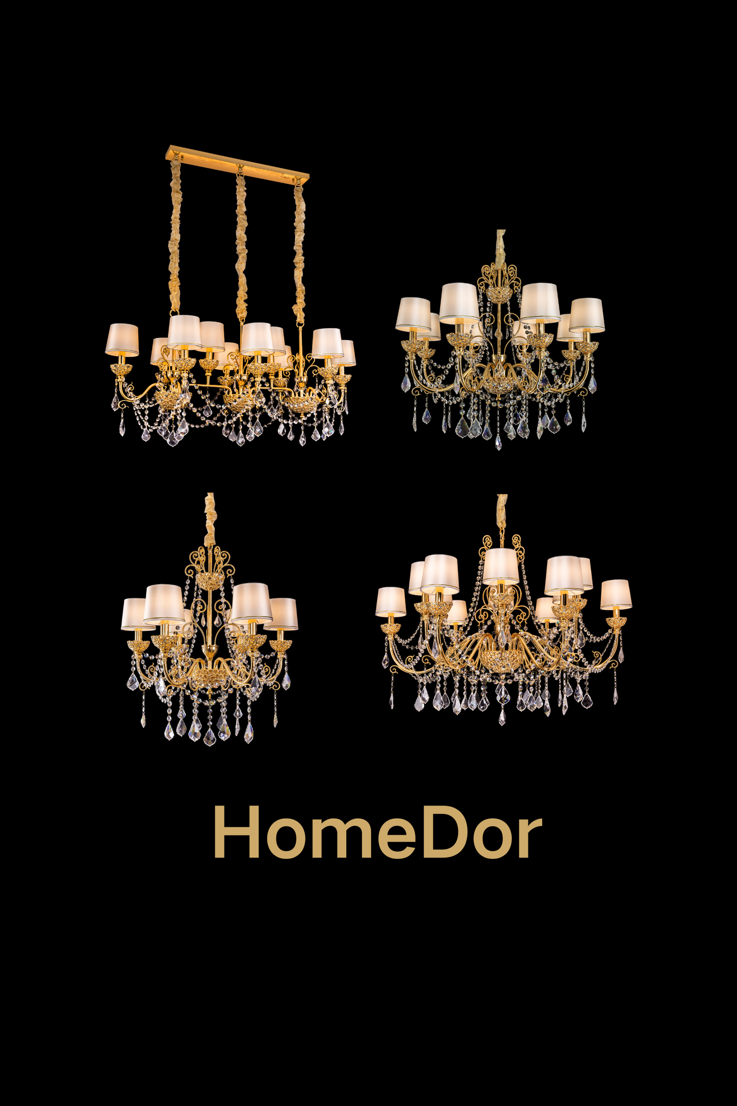 HomeDor Rococo Style 24K Color Luxury Brass Chandelier Set Crystal Light Fixture for Dining Room