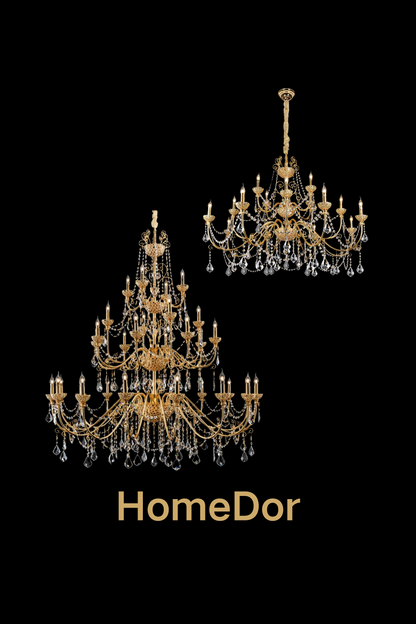 HomeDor Rococo Style 24K Color Luxury Brass Chandelier Set Crystal Light Fixture for Dining Room