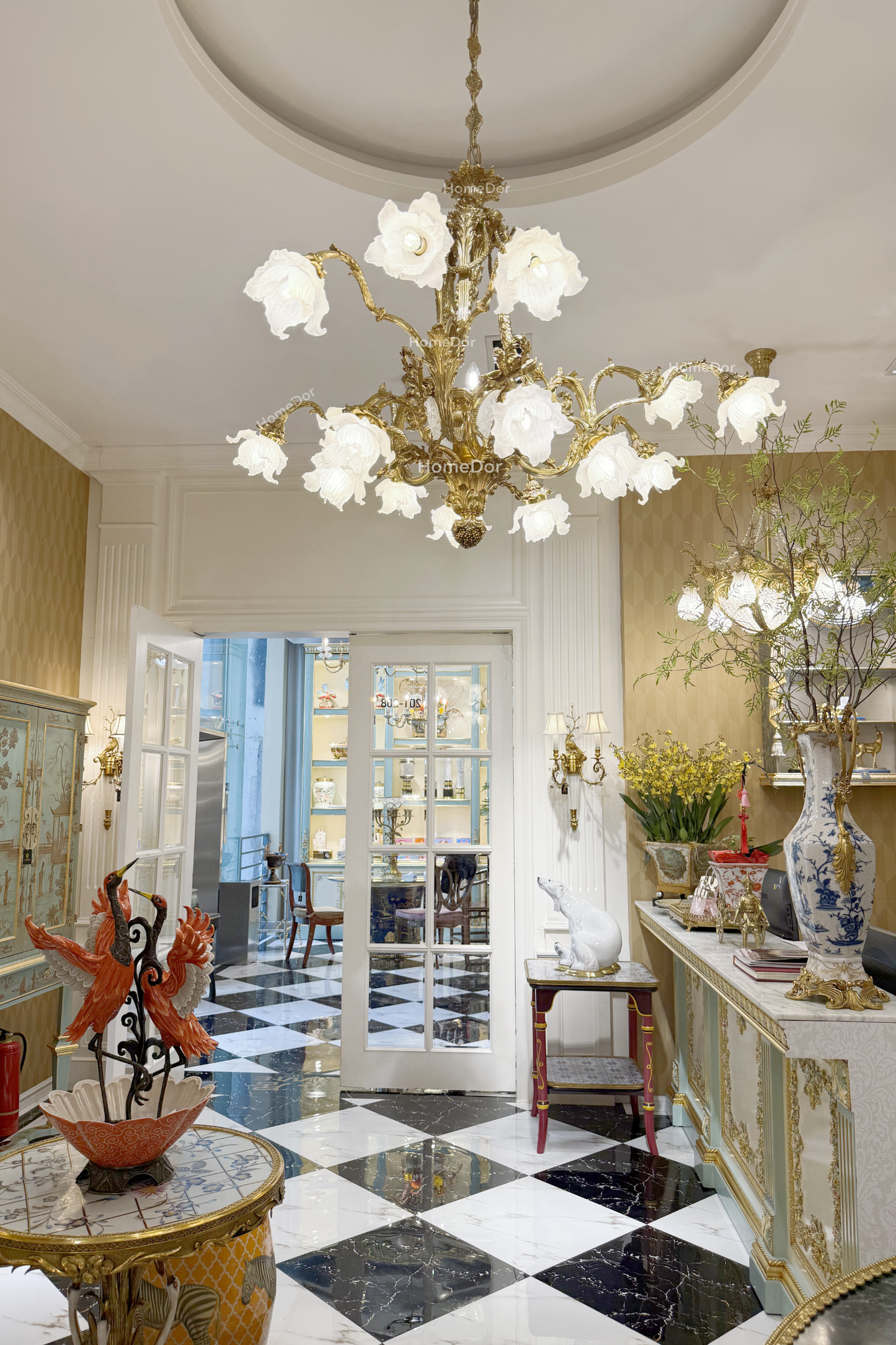 HomeDor × FH&Home | Grand Rococo Brass Chandelier with Frosted Glass Floral Shades