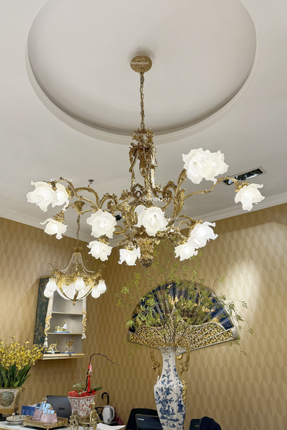 HomeDor × FH&Home | Grand Rococo Brass Chandelier with Frosted Glass Floral Shades