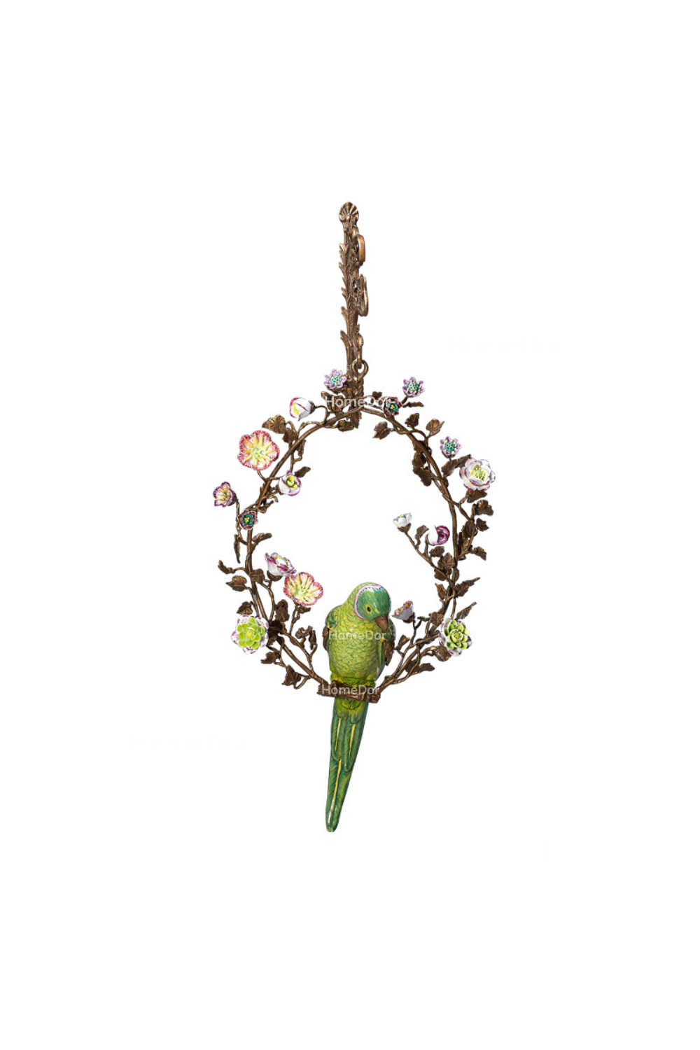 HomeDor × FH&Home | Artistic Hanging Wall Decor of Parrot Perched on Floral Hoop