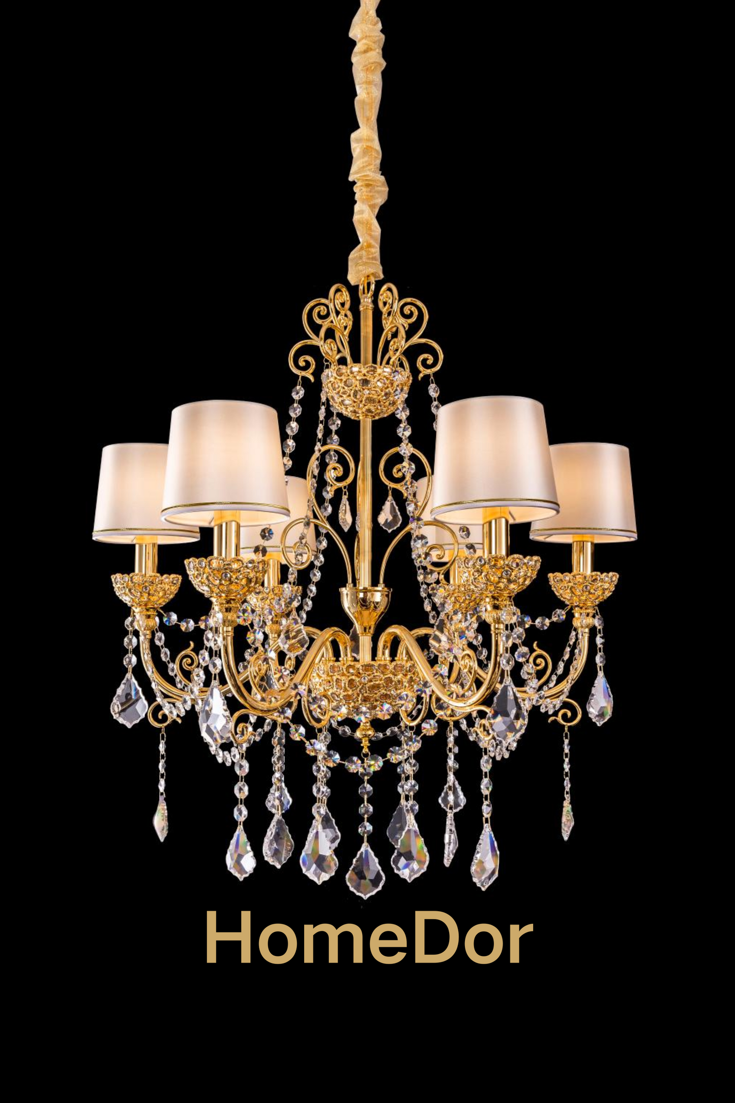 HomeDor Rococo Style 24K Color Luxury Brass Chandelier Set Crystal Light Fixture for Dining Room