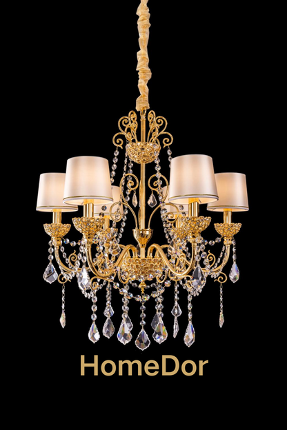 HomeDor Rococo Style 24K Color Luxury Brass Chandelier Set Crystal Light Fixture for Dining Room