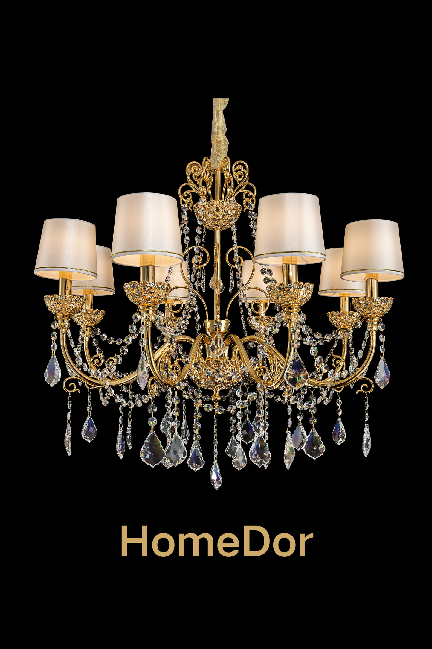 HomeDor Rococo Style 24K Color Luxury Brass Chandelier Set Crystal Light Fixture for Dining Room
